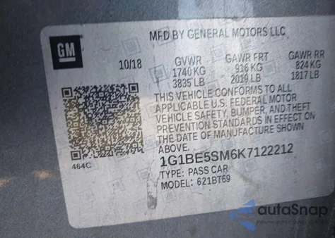 2019 Chevrolet Cruze Lt z USA, uszkodzony, nr VIN 1G1BE5SM6K7122212